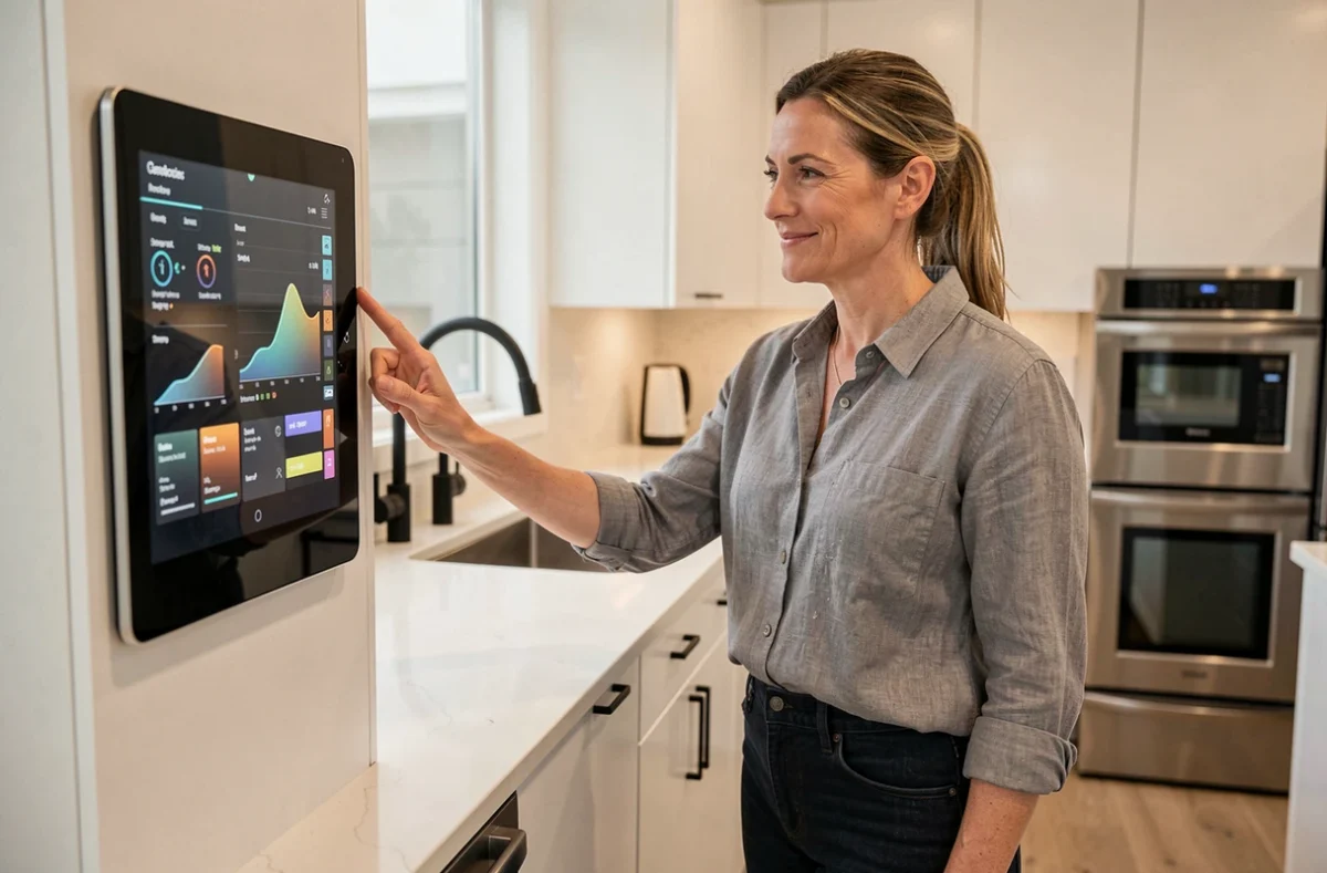 Femme utilisant un panneau de contrôle domotique dans une cuisine moderne équipée en maison intelligente