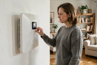 Femme réglant le thermostat d'un panneau rayonnant électrique économe en énergie dans un appartement moderne