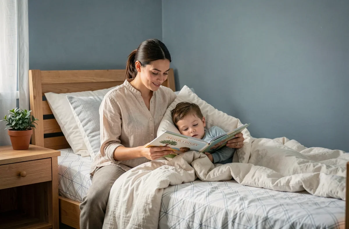 Mère et enfant en bas âge lisant un livre dans un grand lit, moment de transition vers le lit normal, chambre parentale apaisante