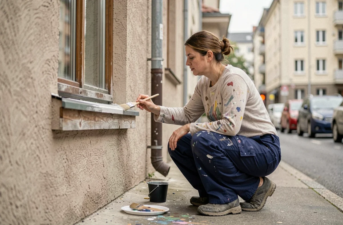 Peintre en bâtiment femme effectuant des finitions extérieures sur la façade d'un immeuble urbain