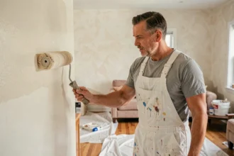Peintre professionnel en salopette blanche appliquant de la peinture sur un mur intérieur lors d'une rénovation résidentielle