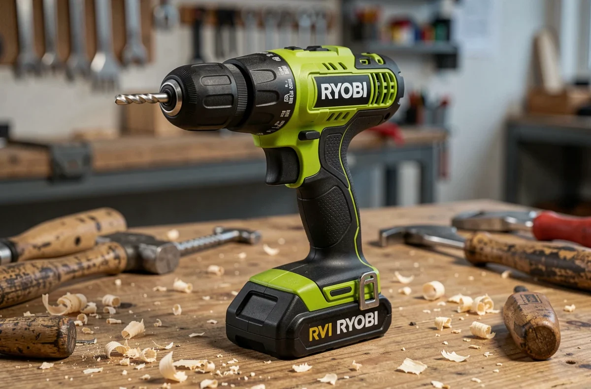 Perceuse sans fil Ryobi verte et noire posée sur un établi en bois dans un atelier professionnel