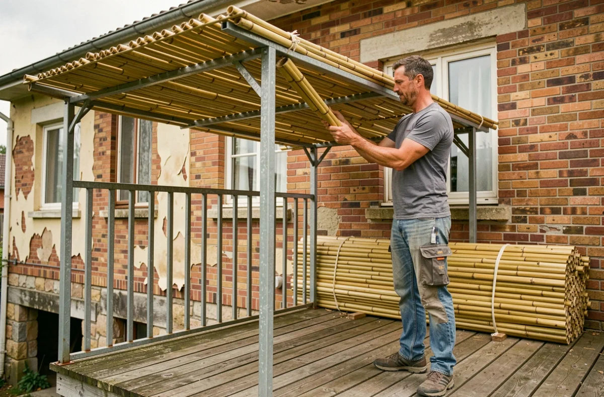 Homme posant un store en bambou sur une pergola de terrasse économique