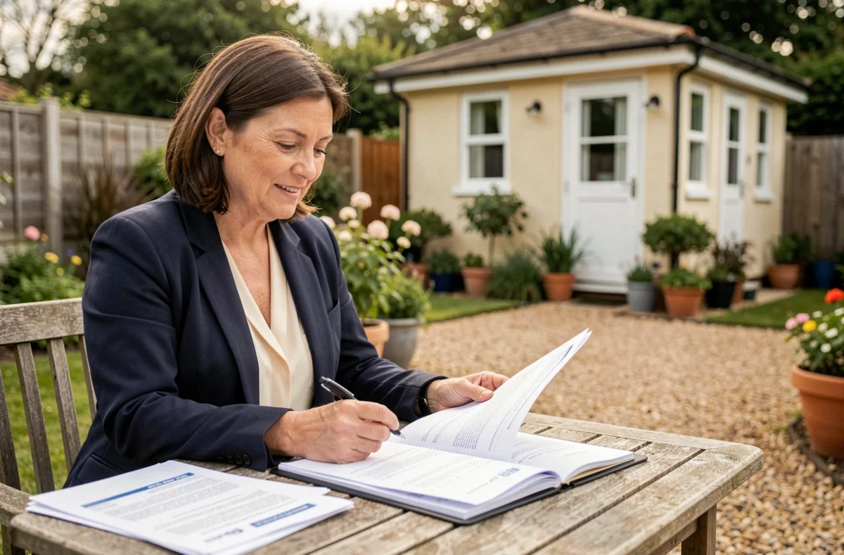 Femme consultant des documents de permis de construire pour un bungalow dans son jardin