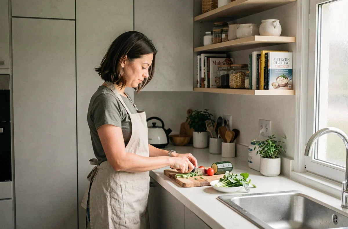 Femme cuisinant dans une petite cuisine optimisée de 8 m² avec rangements verticaux en appartement urbain