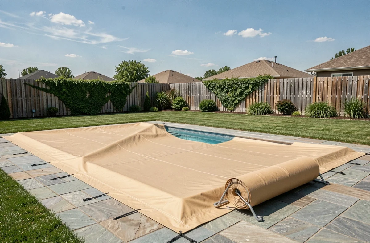 Piscine couverte d'une bâche solaire beige dans un jardin en plein été