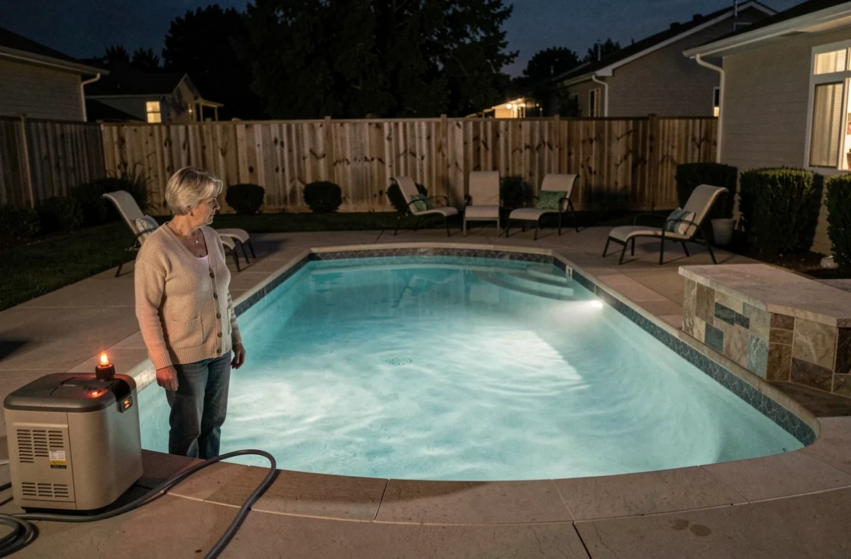 Piscine résidentielle la nuit avec filtre en marche et femme observant l'eau illuminée