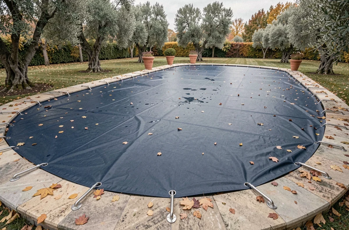 Piscine ovale entièrement recouverte d'une bâche de sécurité bleue marine avec crochets d'ancrage en jardin paysagé en automne