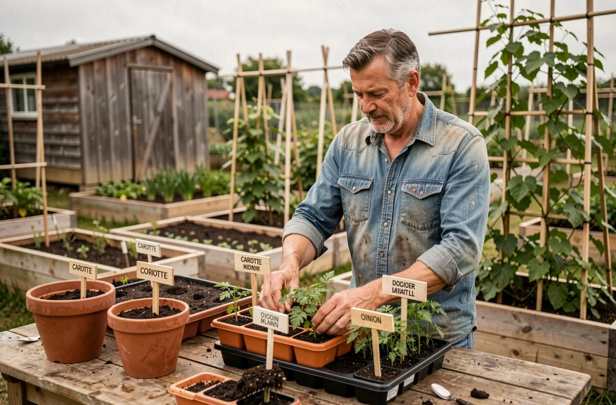 Jardinier préparant des semis en permaculture avec planification des associations de plantes compagnes
