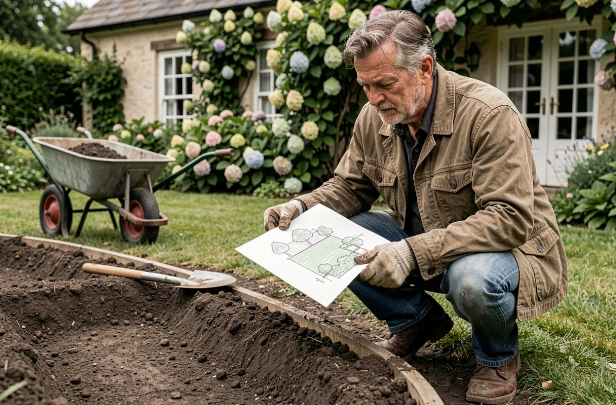 Homme planifiant la création d'un massif de jardin avec un plan dessiné à la main