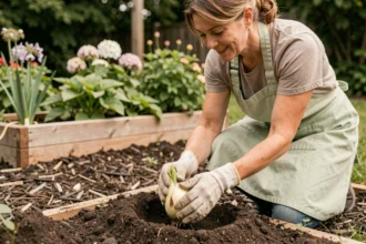 Femme plantant un bulbe de lys asiatique dans un sol de jardin riche et meuble