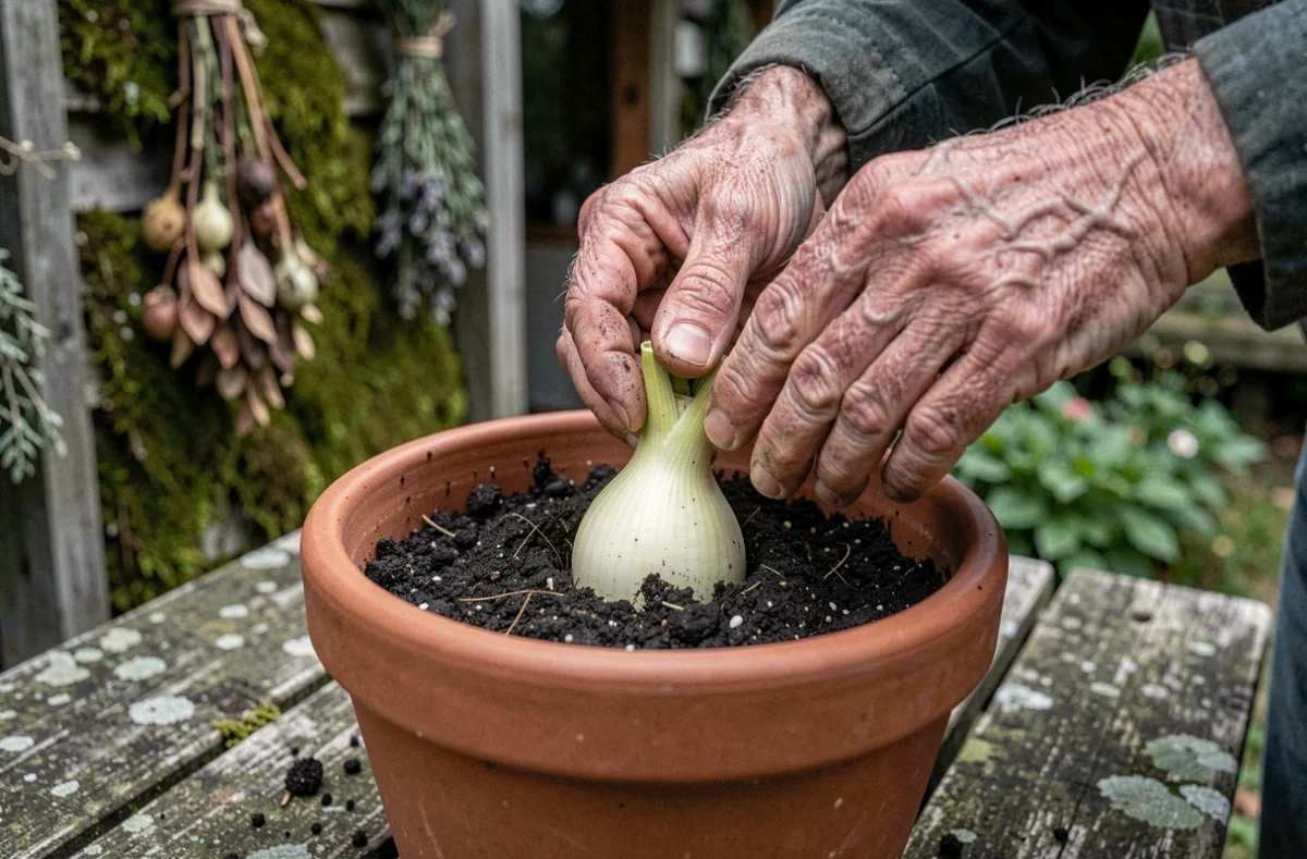 Mains d'un jardinier plantant un bulbe de lys dans un pot en terre cuite avec de la terre fraîche dans un jardin