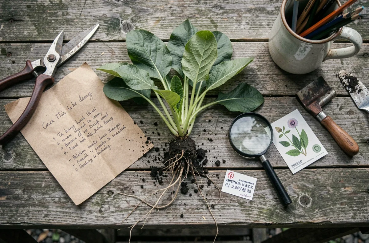 Vue aérienne d'une plante du jardin à identifier posée sur un établi avec loupe et fiches botaniques