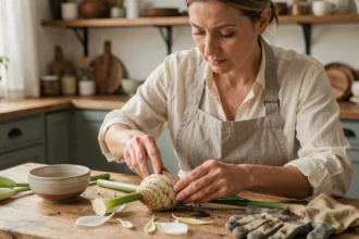 Femme séparant les écailles d'un bulbe de lys issu d'un bouquet pour le replanter, sur une table en bois avec des pétales et des gants de jardinage