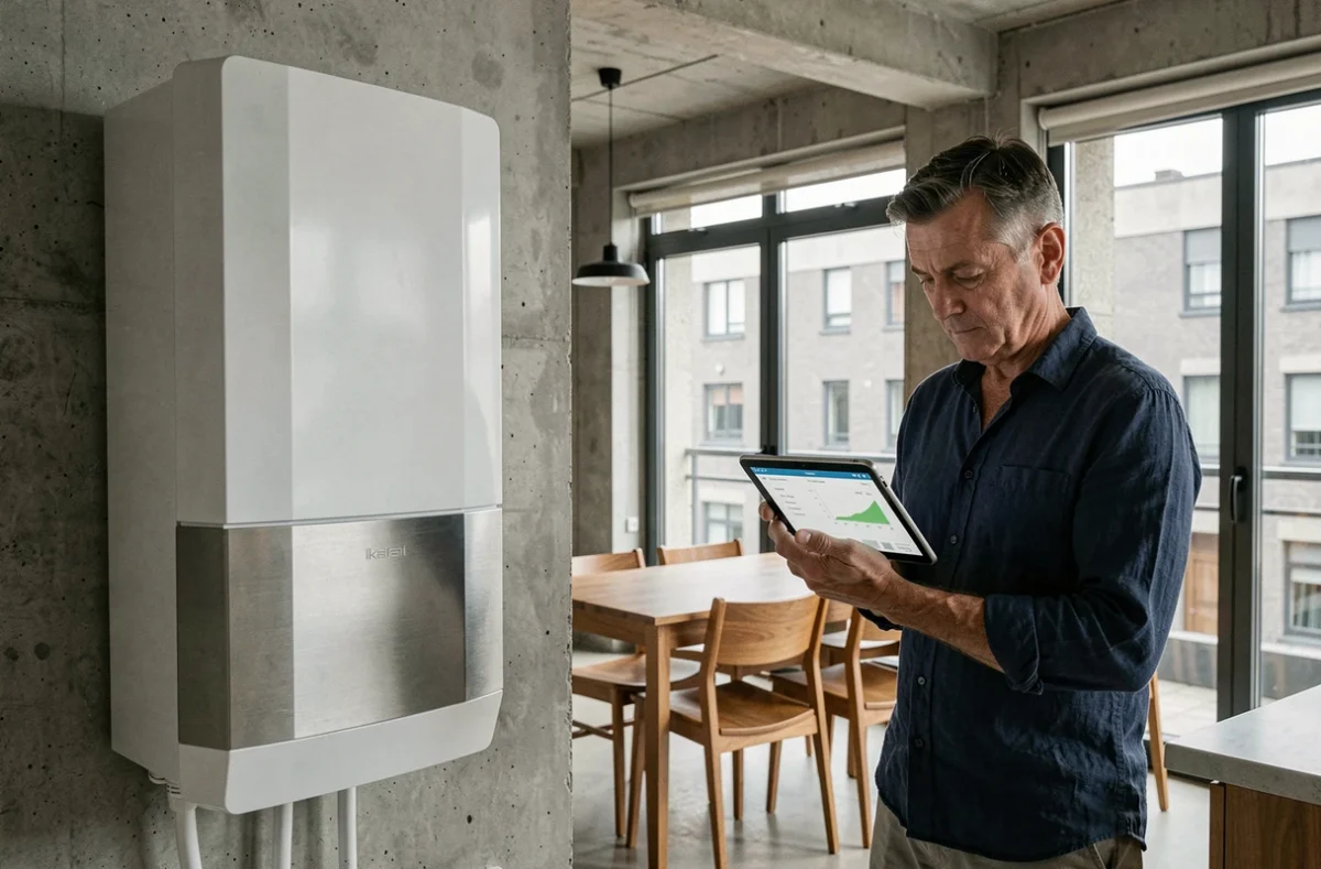 Homme consultant ses données de consommation énergétique près d'une pompe à chaleur murale dans une cuisine moderne