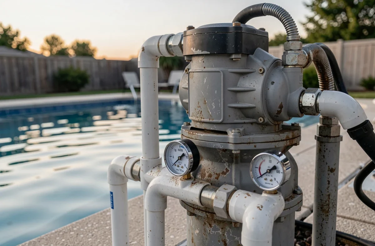 Gros plan sur le système de filtration et la pompe d'une piscine résidentielle avec indicateur de pression