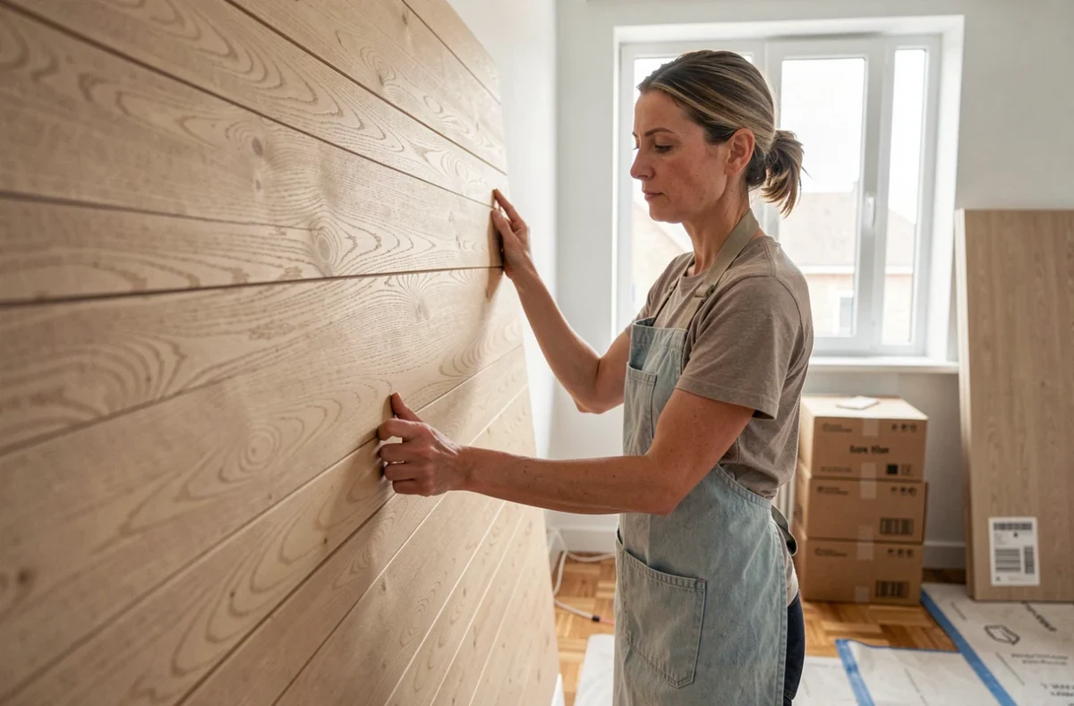 Femme posant un panneau en fibres de bois comme alternative moderne aux cloisons sèches dans un appartement en rénovation