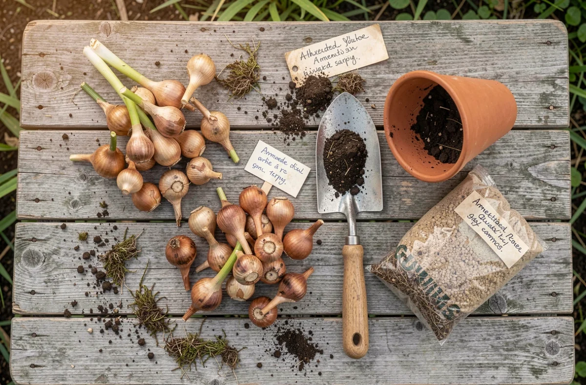 Préparation à la plantation de bulbes de lys asiatiques avec outils de jardinage sur établi en bois
