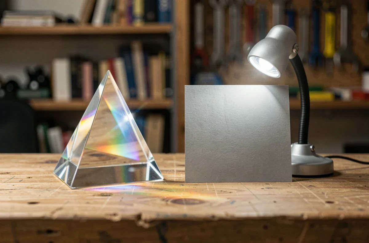 Nature morte comparant un prisme de verre projetant un spectre naturel et une lampe LED artificielle sur un établi en bois, illustrant la différence entre lumière et éclairage