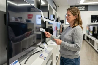 Une femme compare les prix de téléviseurs dans un magasin d'électronique moderne