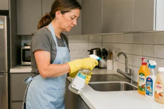 Femme utilisant un produit désinfectant en spray sur un plan de travail de cuisine moderne avec des gants en caoutchouc jaunes