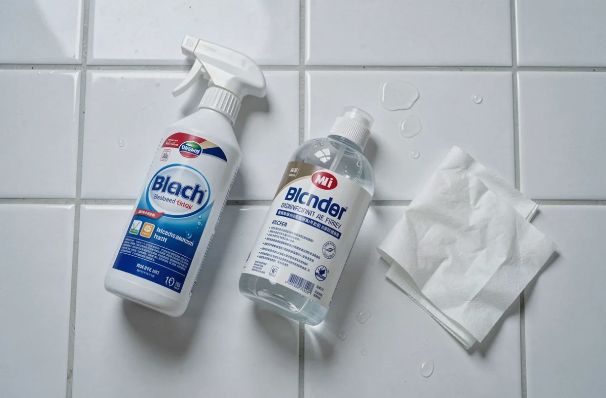 Vue de dessus de plusieurs produits désinfectants ménagers posés sur un carrelage blanc de salle de bain
