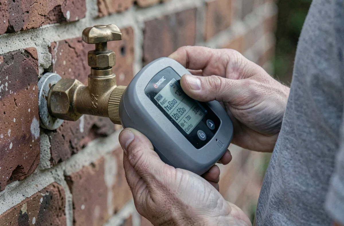 Gros plan sur les mains connectant un programmateur d'arrosage numérique à un robinet extérieur en laiton