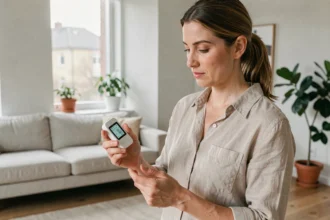 Femme examinant un capteur de qualité de l'air intérieur dans un salon moderne et lumineux