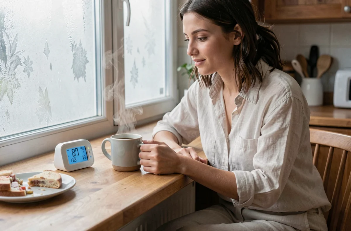 Femme consultant un hygromètre dans une cuisine par temps de gel avec givre visible sur la vitre de la fenêtre