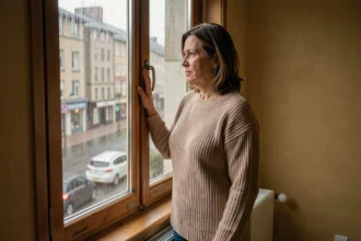 Femme qui hésite à ouvrir une fenêtre par temps de pluie dans un appartement chaleureux avec condensation sur le vitrage