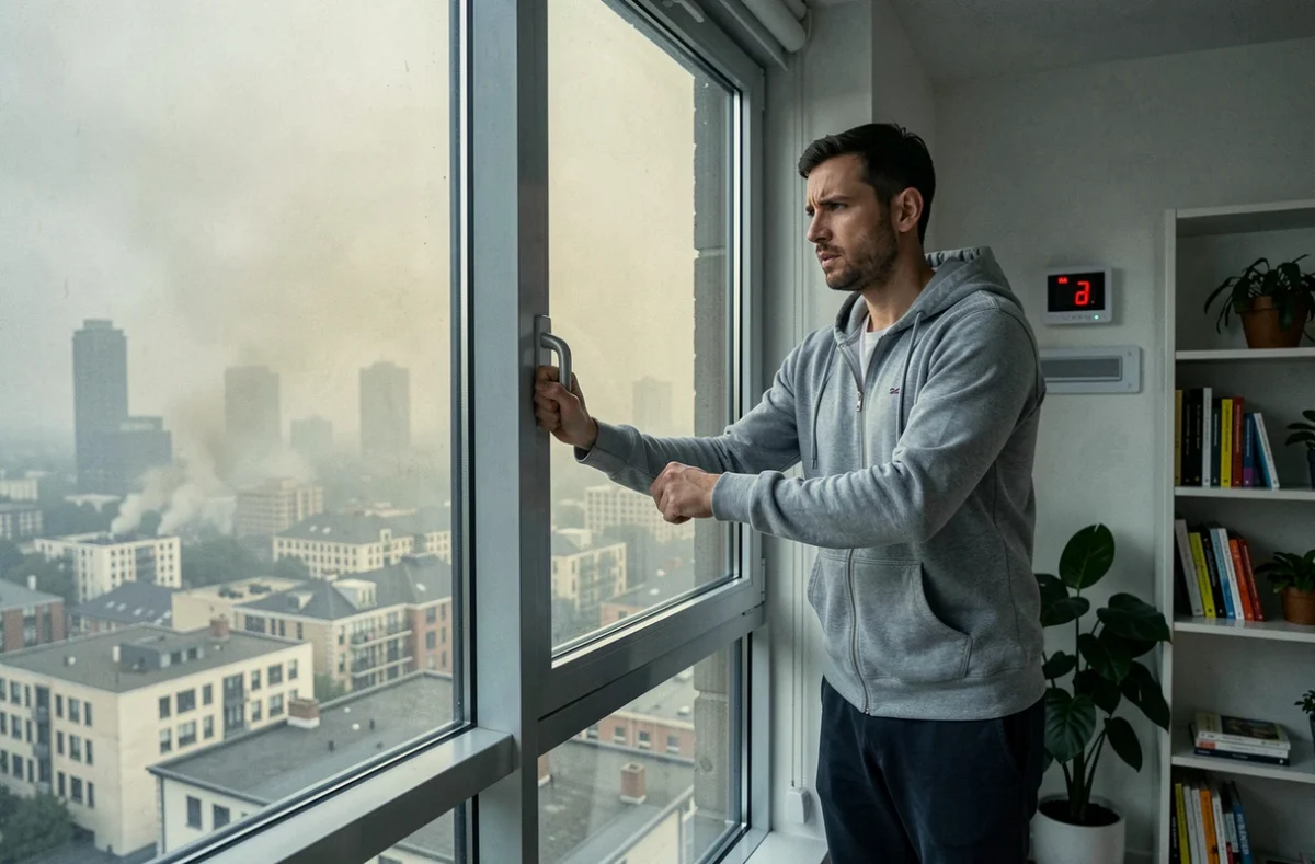 Homme fermant une fenêtre face à un air extérieur pollué avec un indicateur de qualité de l'air en alerte dans un appartement moderne
