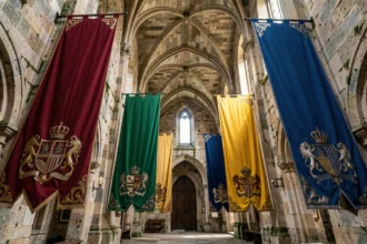 Bannières des quatre maisons dans un château médiéval aux couleurs distinctives rouge, vert, or et bleu