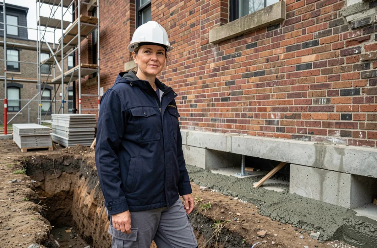 Ingénieure structure supervisant des travaux de reprise en sous-œuvre pour renforcer les fondations d'un bâtiment ancien