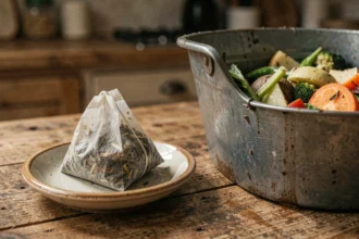 Sachet de thé usagé posé près d'un bac à compost rempli de déchets organiques dans une cuisine en bois