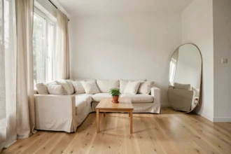 Salon lumineux style scandinave avec miroir mural et rideaux en lin blanc pour maximiser la luminosité naturelle