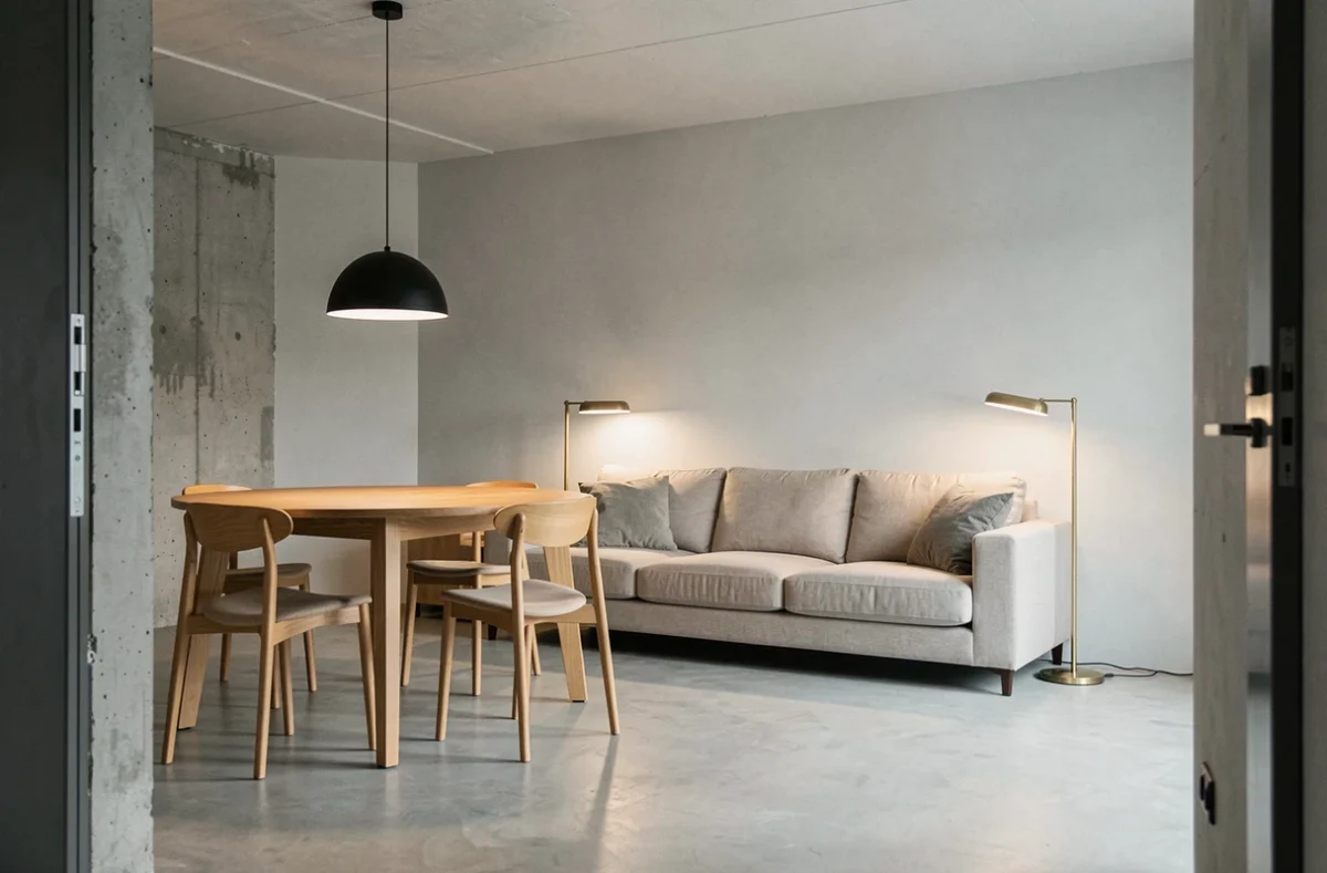 Salon scandinave avec plafonnier minimaliste et lampes d'appoint pour un éclairage en couches superposées