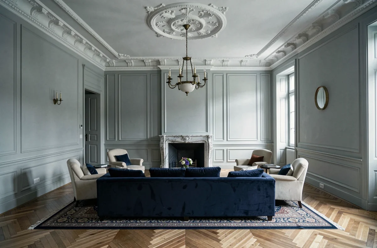 Salon haussmannien avec plafonnier lustre central en médaillon de plâtre et parquet à chevrons