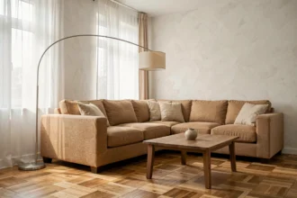 Salon moderne sans plafonnier éclairé par un lampadaire sur pied et la lumière naturelle des fenêtres