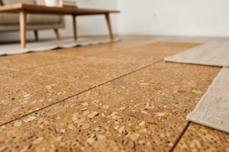 Gros plan sur un sol en liège naturel avec texture alvéolaire visible dans un intérieur moderne et minimaliste