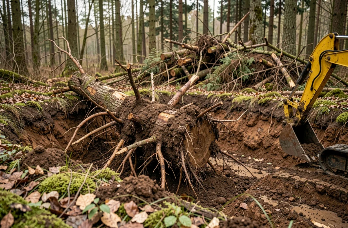 Souche d'arbre fraîchement arrachée par une mini-pelle dans une clairière forestière avec système racinaire exposé