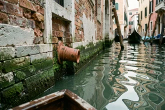 Tuyau de drainage ancien émergeant d'un mur de brique moussu au bord d'un canal vénitien, illustrant le système d'évacuation des eaux usées à Venise
