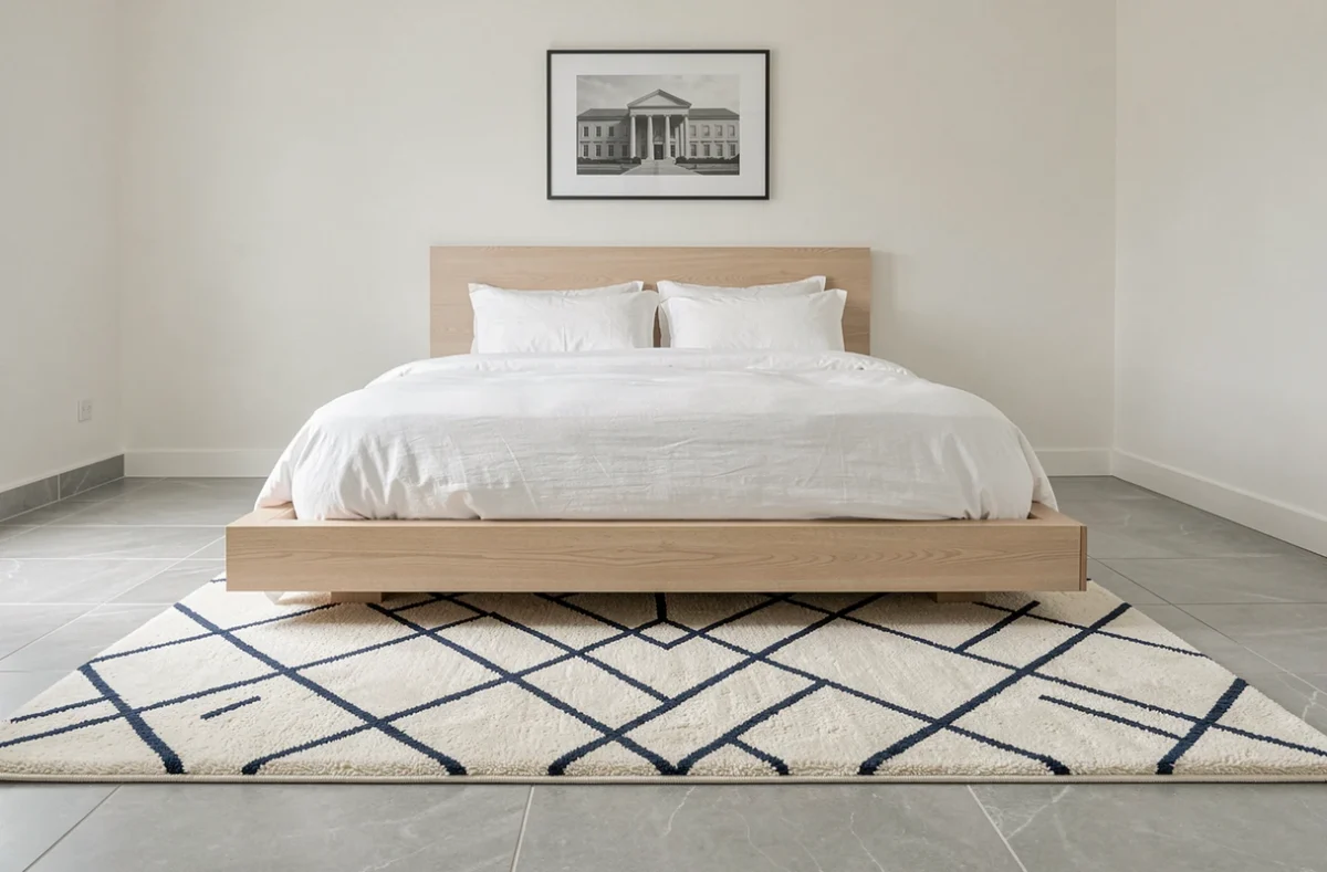 Tapis géométrique ivoire et bleu marine sur carrelage gris dans une chambre minimaliste