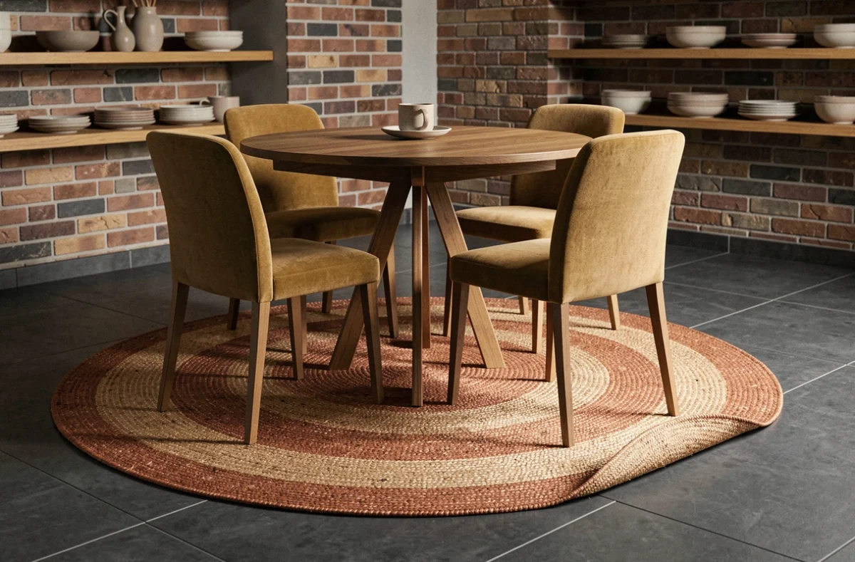 Tapis en jute terracotta sous table à manger sur carrelage gris anthracite