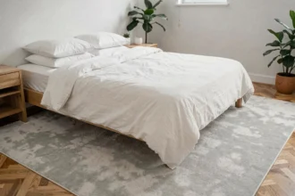 Tapis gris en laine sous un lit dans une chambre scandinave avec parquet en bois