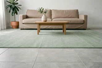 Tapis vert sauge sur carrelage gris dans un salon moderne au style scandinave