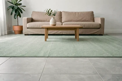 Tapis vert sauge sur carrelage gris dans un salon moderne au style scandinave