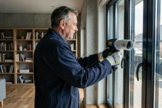 Technicien utilisant une caméra thermique pour mesurer les déperditions de chaleur d'une fenêtre à triple vitrage dans un intérieur moderne
