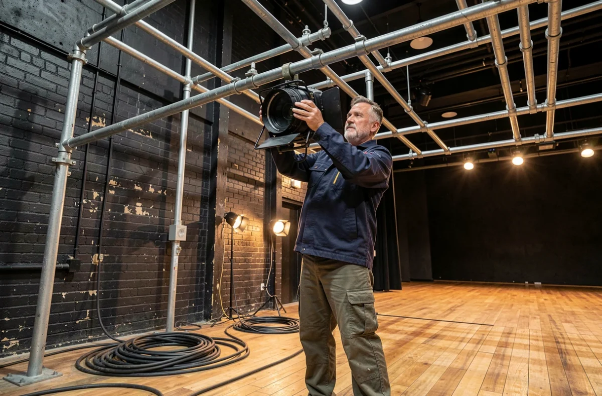 Technicien d'éclairage réglant un projecteur Fresnel dans les coulisses d'un théâtre, illustrant le concept d'éclairage artificiel et de maîtrise de la lumière scénique