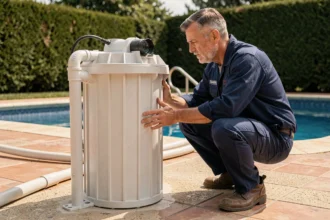 Technicien inspectant un filtre à cartouche de piscine résidentielle en extérieur