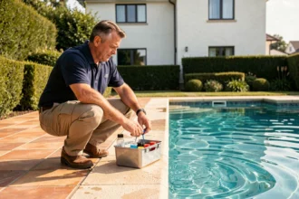 Technicien piscine testant la qualité de l'eau dans un jardin résidentiel moderne